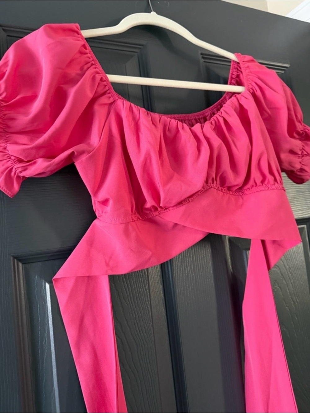 LYANER Hot Pink Off Shoulder Tie Back Crop Top L Puff Sleeve - Picture 8 of 8